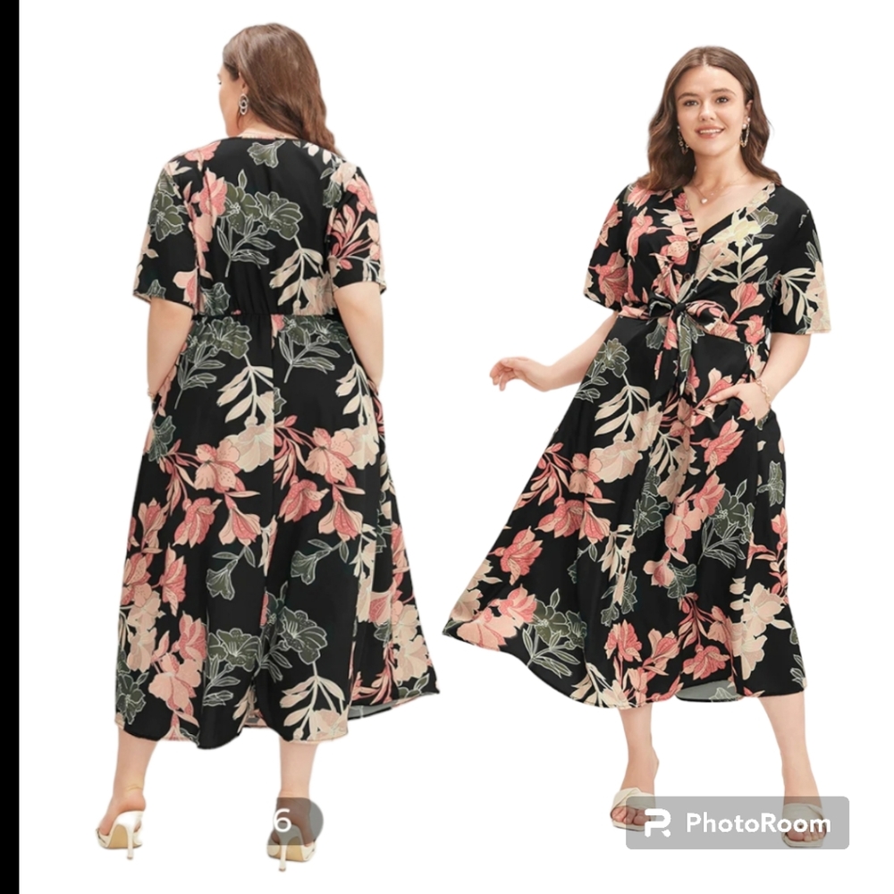 🛑Floral Print Knotted Front Button Up Pocket Ruffle Hem Dress